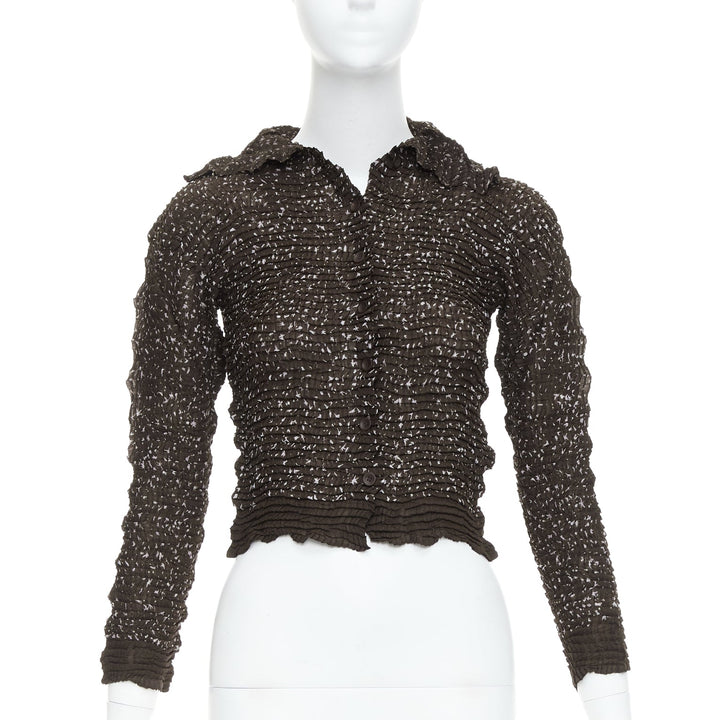 ISSEY MIYAKE brown speckle crinkled collared cropped shirt top M