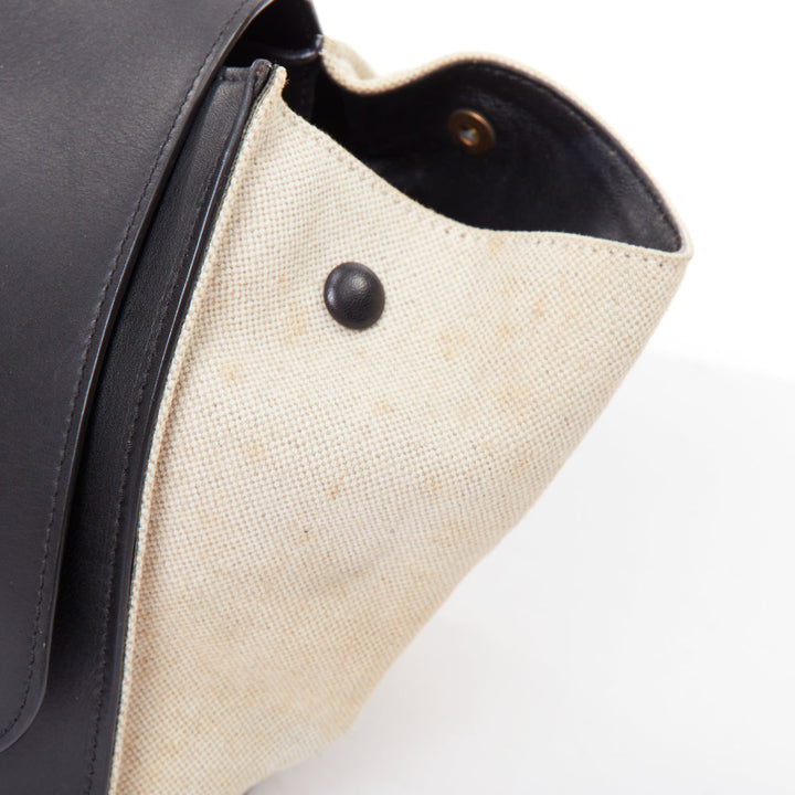 CELINE Trapeze black smooth leather cream canvas crossbody satchel bag