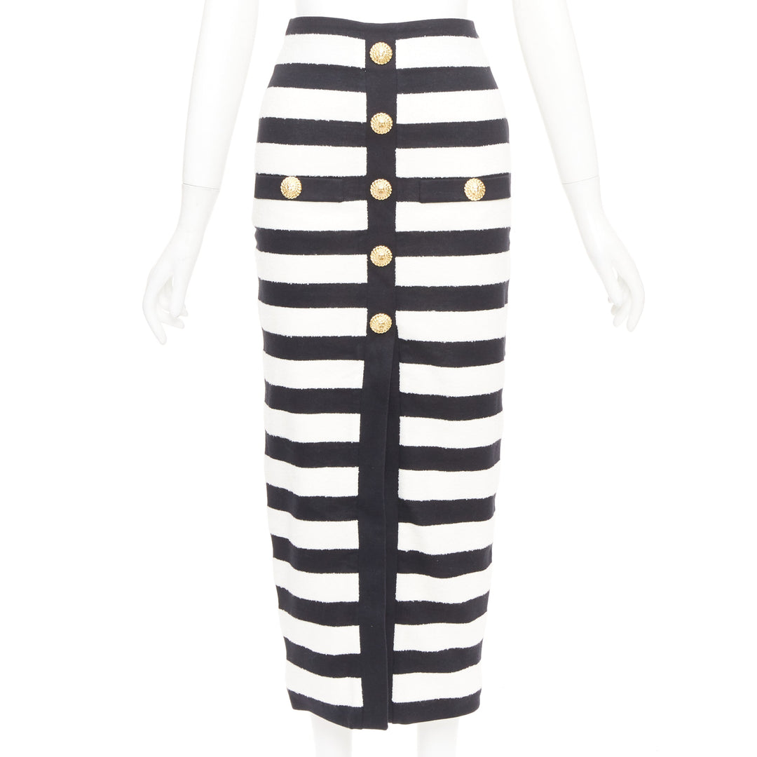 BALMAIN 2024 stripe two tone lion button front high waist knit  skirt FR34 XS