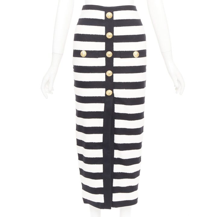 BALMAIN 2024 stripe two tone lion button front high waist knit  skirt FR34 XS