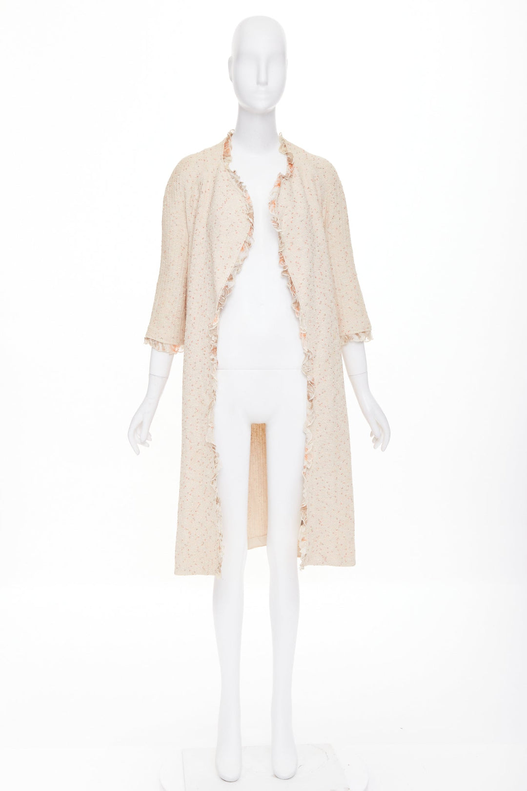 ST JOHN COUTURE cream pink flecked boucle knit ruffle trim duster coat US14 3XL