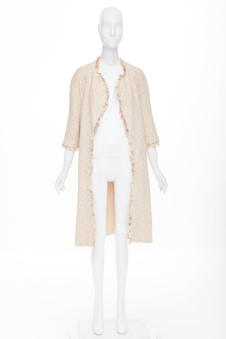 ST JOHN COUTURE cream pink flecked boucle knit ruffle trim duster coat US14 3XL