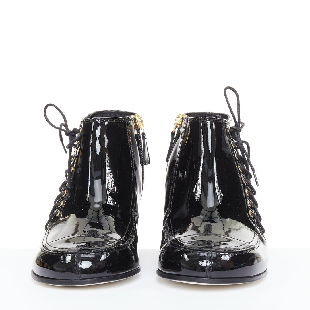 CHANEL 15A Paris-Salzburg Runway black patent gold CC lace-up ankle booties EU39