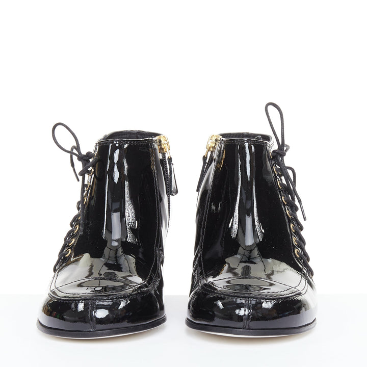CHANEL 15A Paris-Salzburg Runway black patent gold CC lace-up ankle booties EU39