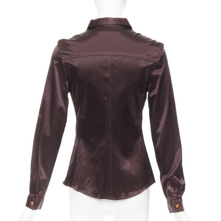 FENDI JEANS Vintage chocolate brown satin FF logo buttons fitted dress shirt