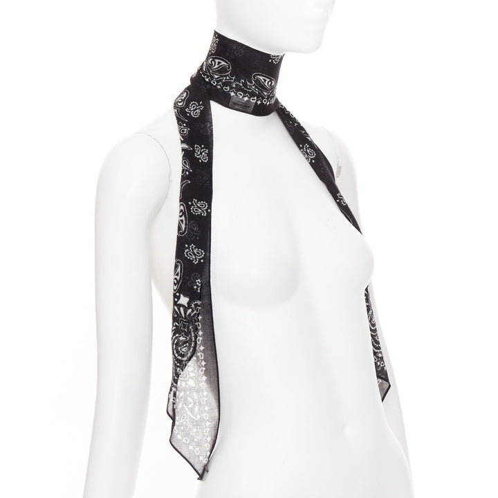 SAINT LAURENT 2019 Bandana Lavalliere Tie black white wool paisley print scarf