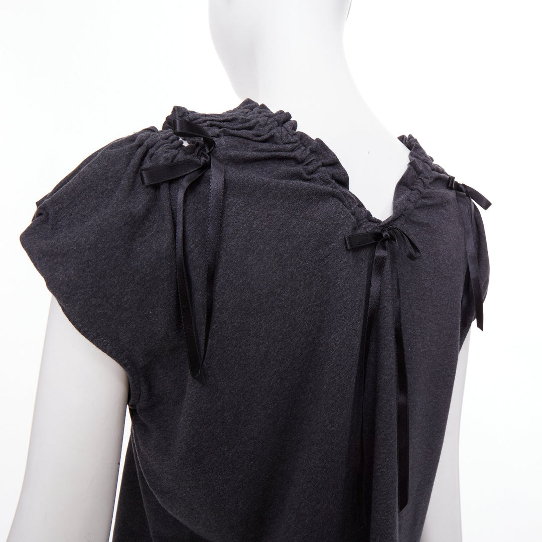 SIMONE ROCHA gray cold shoulder ruched ribbon detail puff sleeve cotton top S