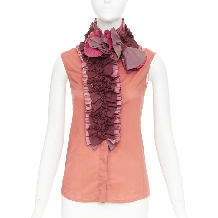 YVES SAINT LAURENT Rive Gauche 2006 coral pink ruffle collar shirt FR34 XS