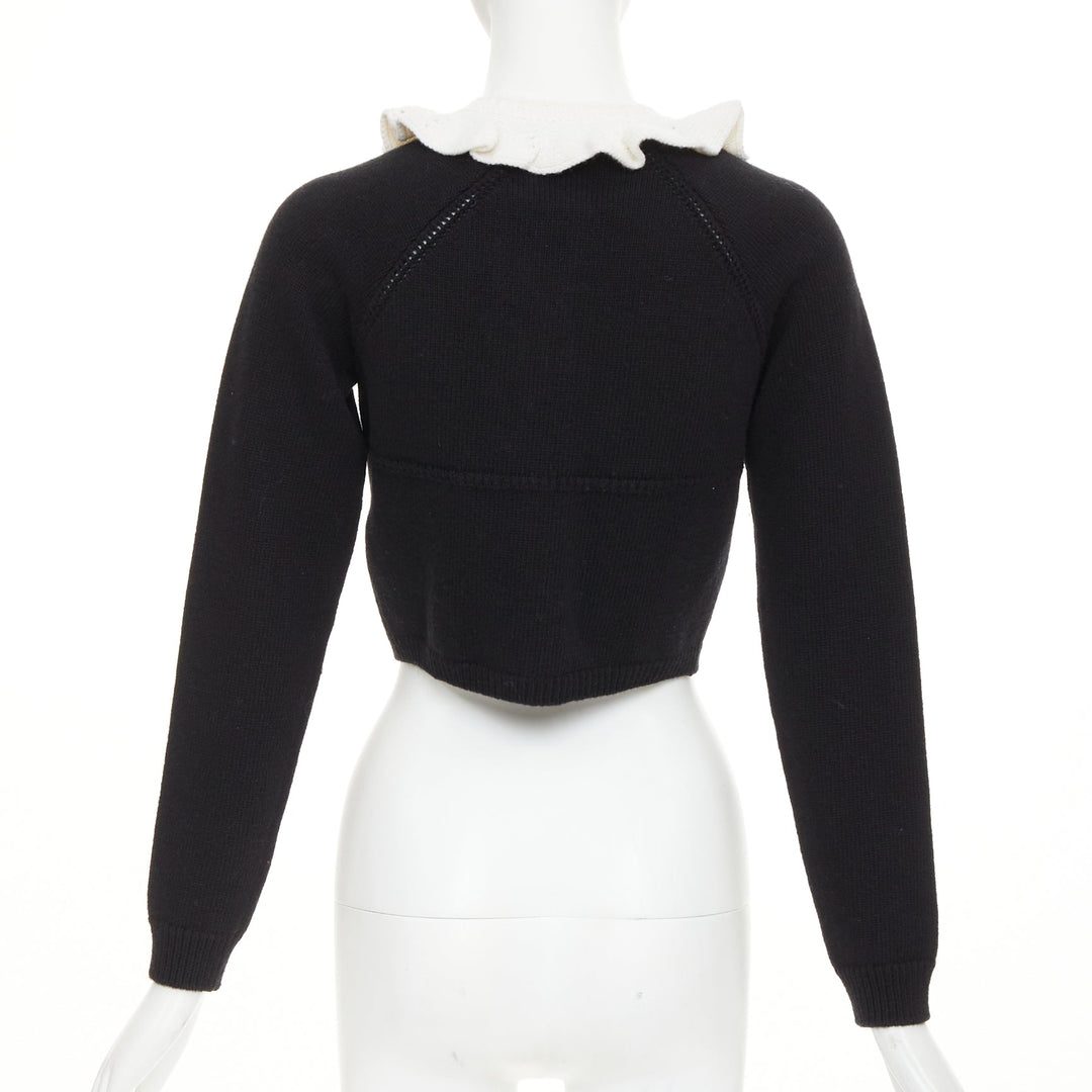 LOUIS VUITTON 2026 black cream wool blend ruffle collar gold button cardigan XXS