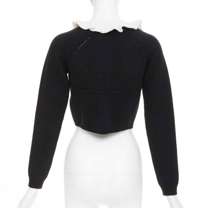 LOUIS VUITTON 2026 black cream wool blend ruffle collar gold button cardigan XXS