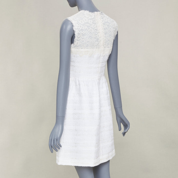 VALENTINO 2018 Bridal white sheer lace yoke tweed mixed mini dress IT40 S