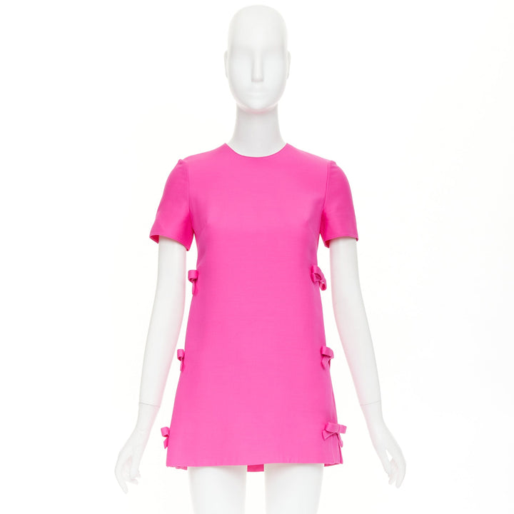 VALENTINO 2022 Runway PP Pink wool silk bow embellishment crew mini dress IT36