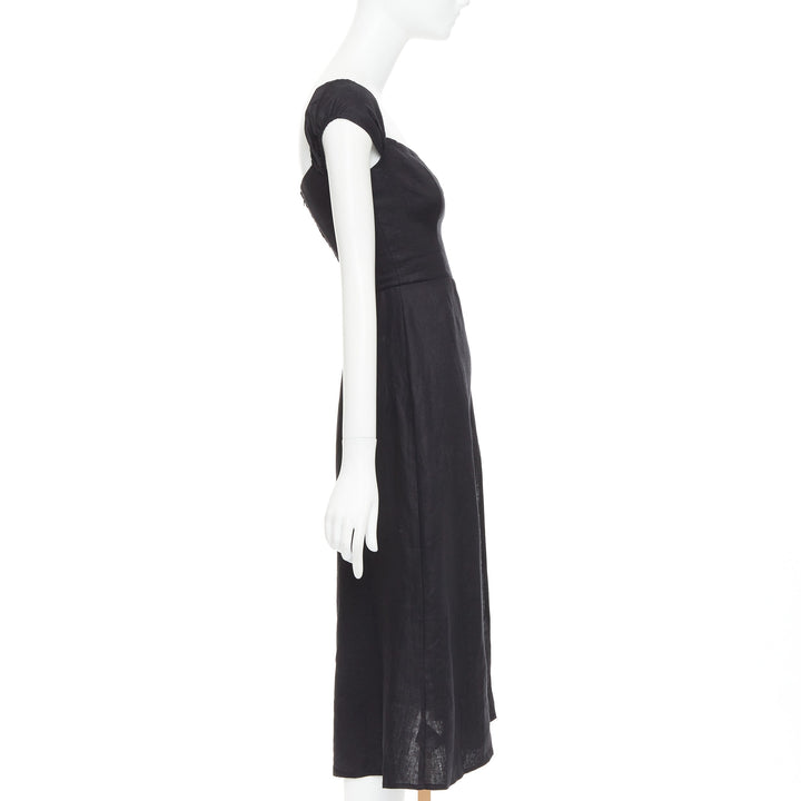 REFORMATION Bridgton black 100% linen cap sleeves sweetheart midi dress US2 S