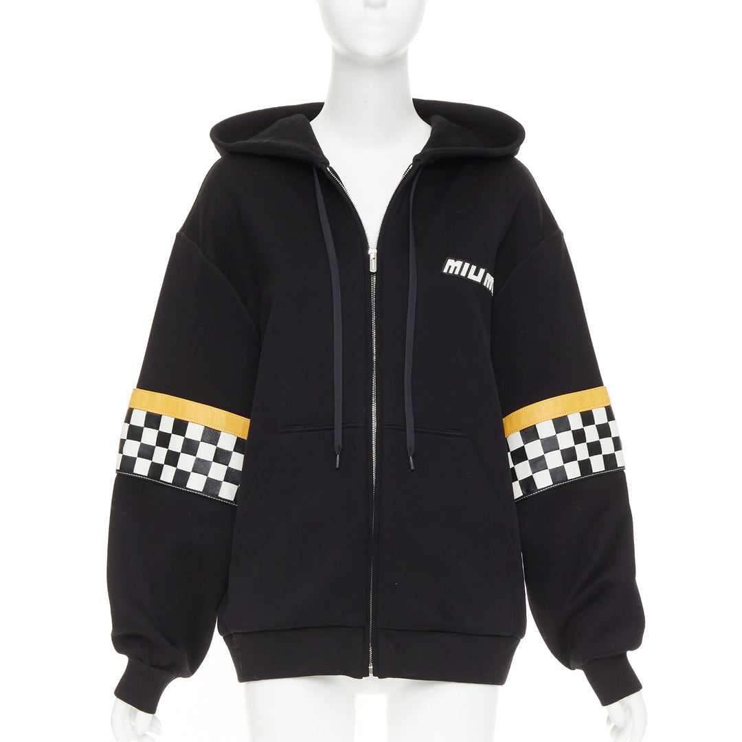 MIU MIU 2021 black yellow checkerboard woven leather sleeves Race Car hoodie S