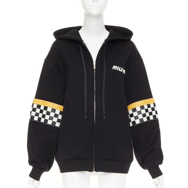 MIU MIU 2021 black yellow checkerboard woven leather sleeves Race Car hoodie S