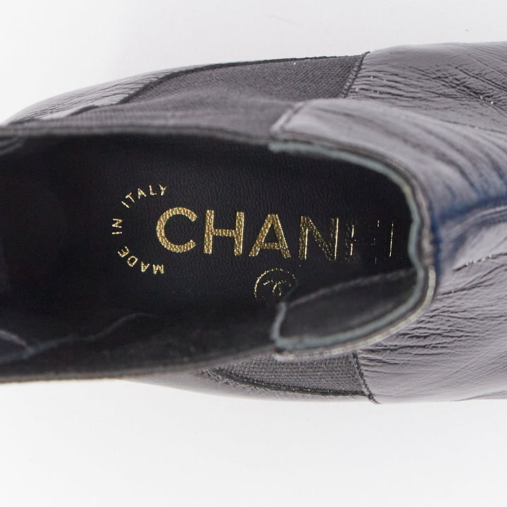 CHANEL 2019 Lami Fantasy black crinkled calfskin gold CC  chelsea boots EU39.5