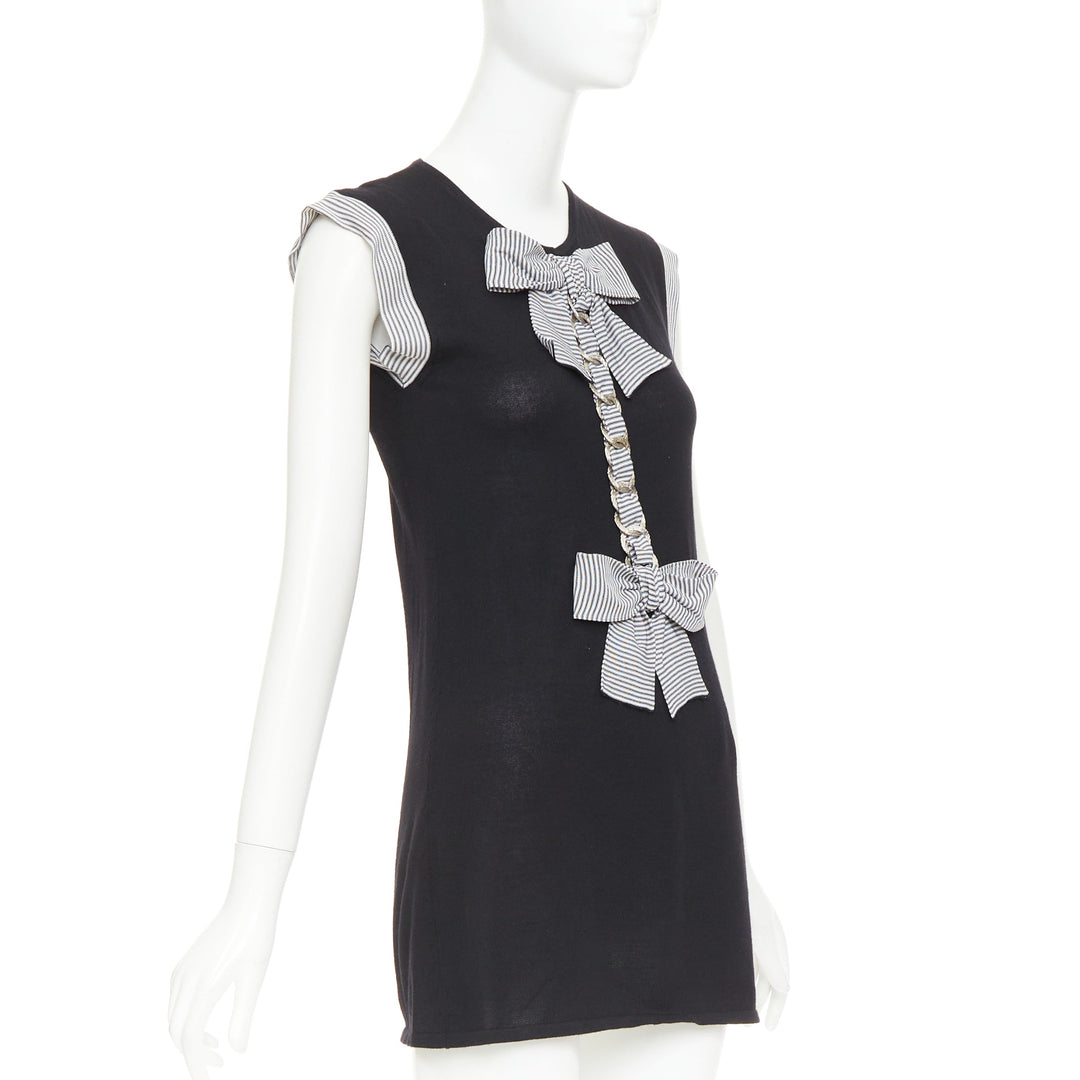CHANEL 07P Runway black cashmere silk off white bow metal chain dress FR38 M