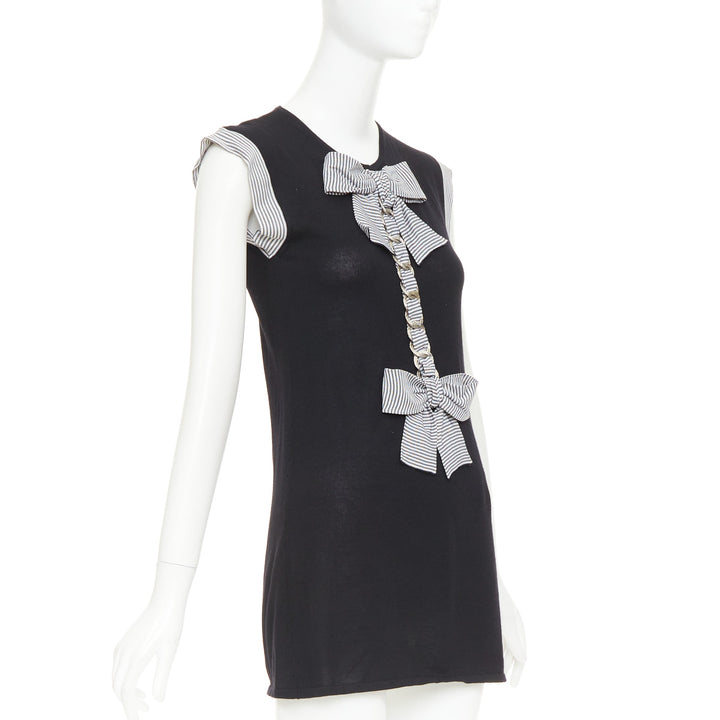 CHANEL 07P Runway black cashmere silk off white bow metal chain dress FR38 M