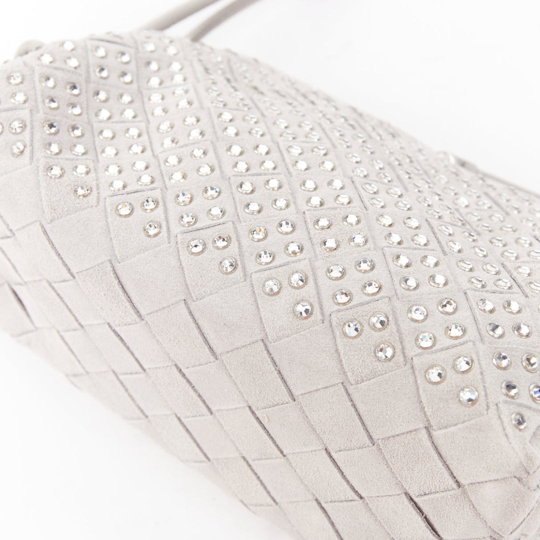 BOTTEGA VENETA 2024 Concert Pouch grey suede strass intrecciato woven bag