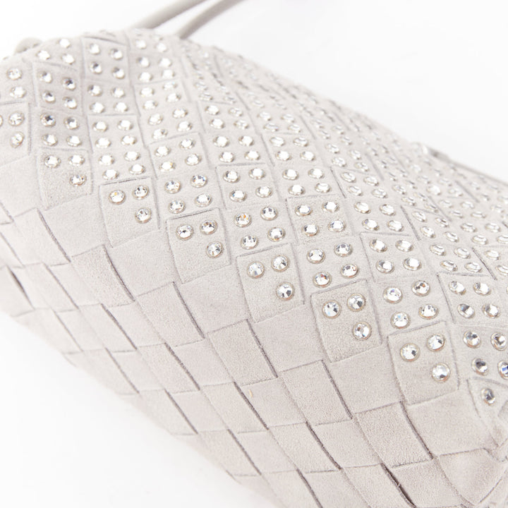 BOTTEGA VENETA 2024 Concert Pouch grey suede strass intrecciato woven bag