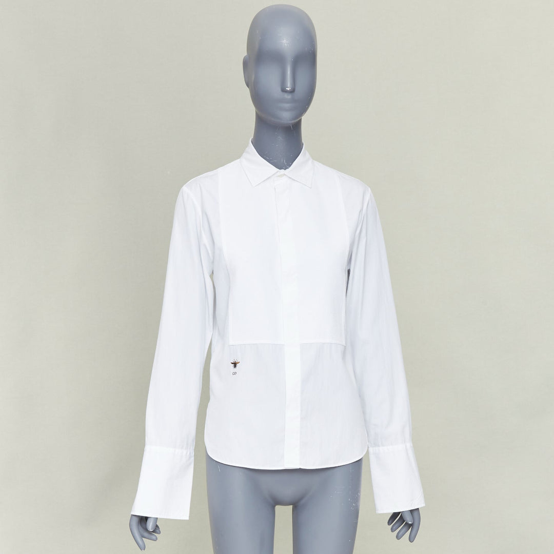CHRISTIAN DIOR white cotton pique CD Bee embroidered dress shirt FR34 XS