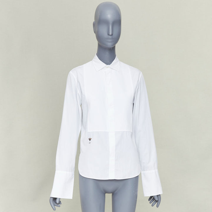 CHRISTIAN DIOR white cotton pique CD Bee embroidered dress shirt FR34 XS
