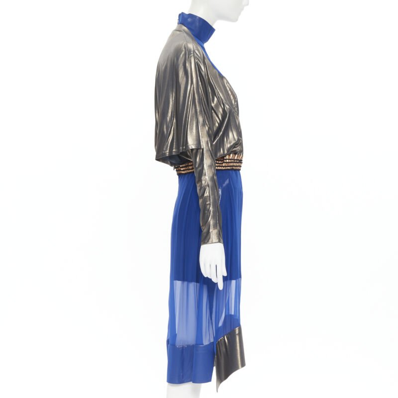 BALENCIAGA 2012 Runway blue copper futuristic bustier silk dress FR36 XS