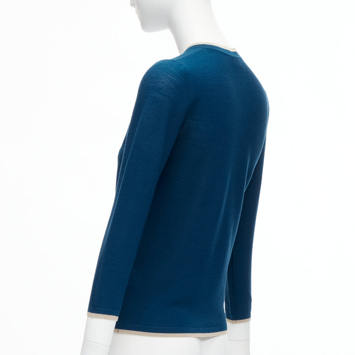 HERMES blue 100% virgin wool H logo buttons knitted polo shirt FR34 XS