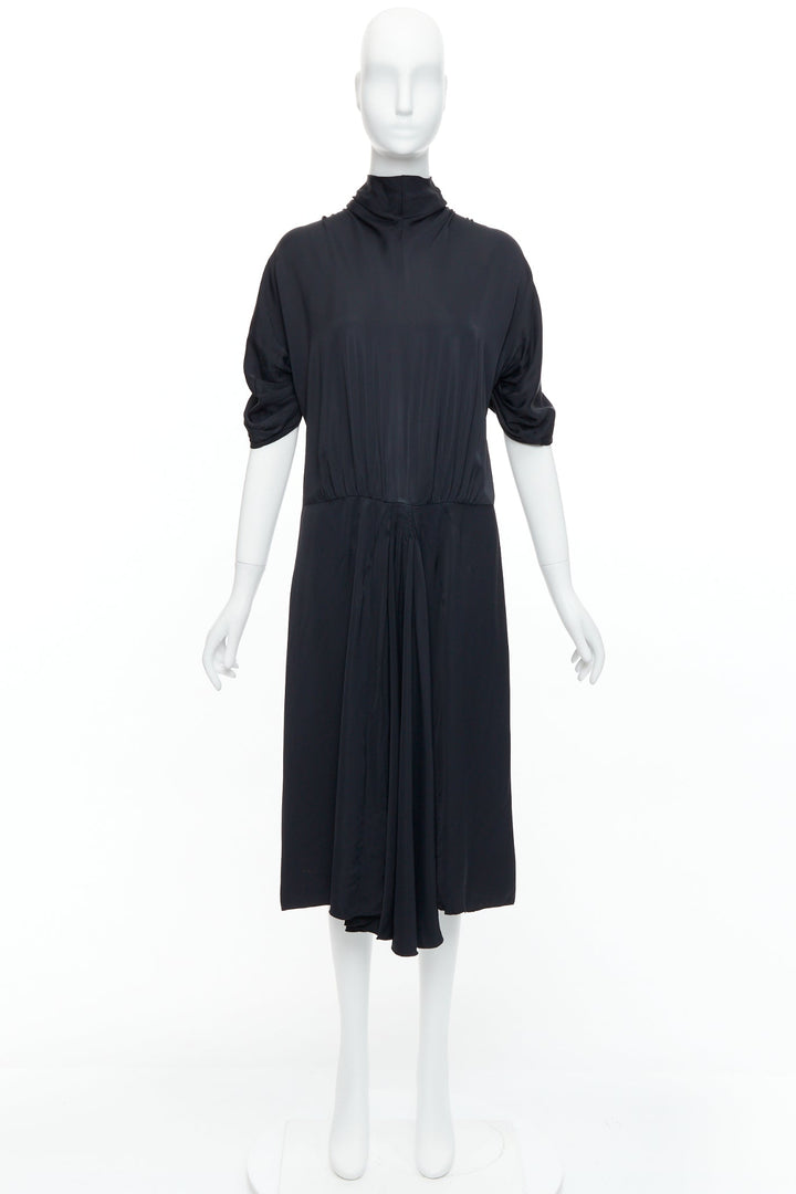 PRADA 2006 black viscose box pleat front ruched sleeves midi dress