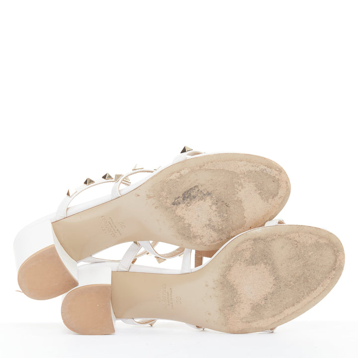 VALENTINO Rockstud 60 white leather gold stud caged block sandals EU39