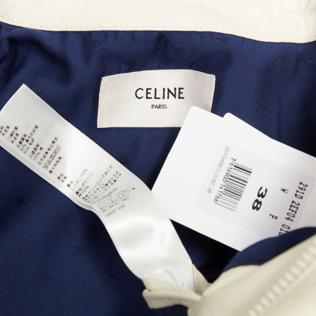 CELINE  cream textured lamb leather black striped ribbed cropped jacket FR38 M