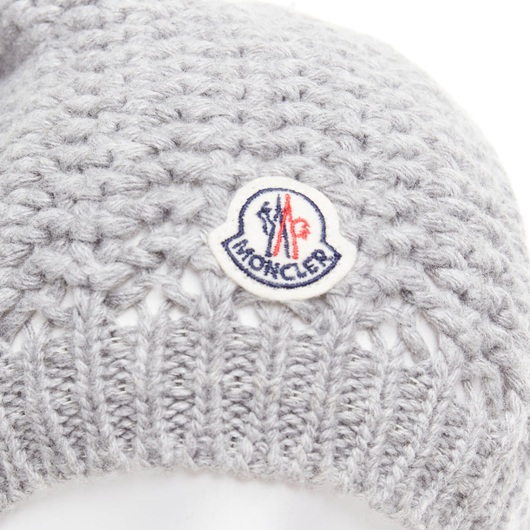 MONCLER grey fur pom pom cream logo heavy knit beanie hat