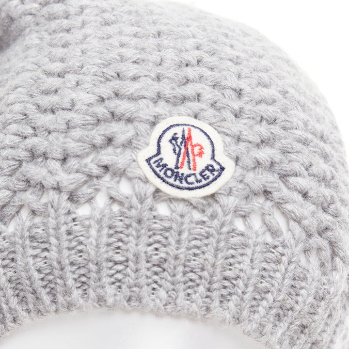 MONCLER grey fur pom pom cream logo heavy knit beanie hat