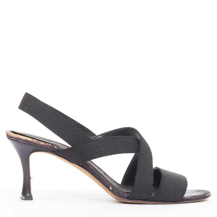 MANOLO BLAHNIK black elastic strap cork sole spool mid sandals EU37