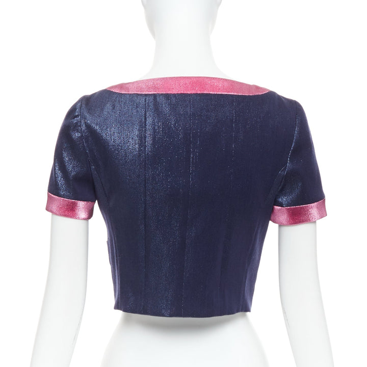 CHANEL 22K navy pink metallic wool blend cropped jacket FR36 S