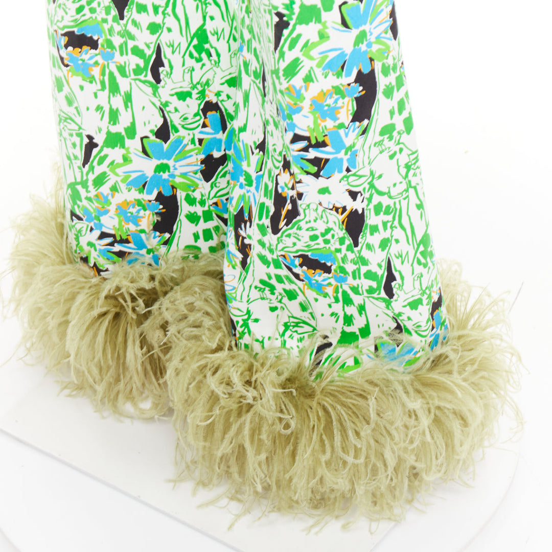MIU MIU 2018 Runway green multi giraffe print feather hem flared pants IT40 S