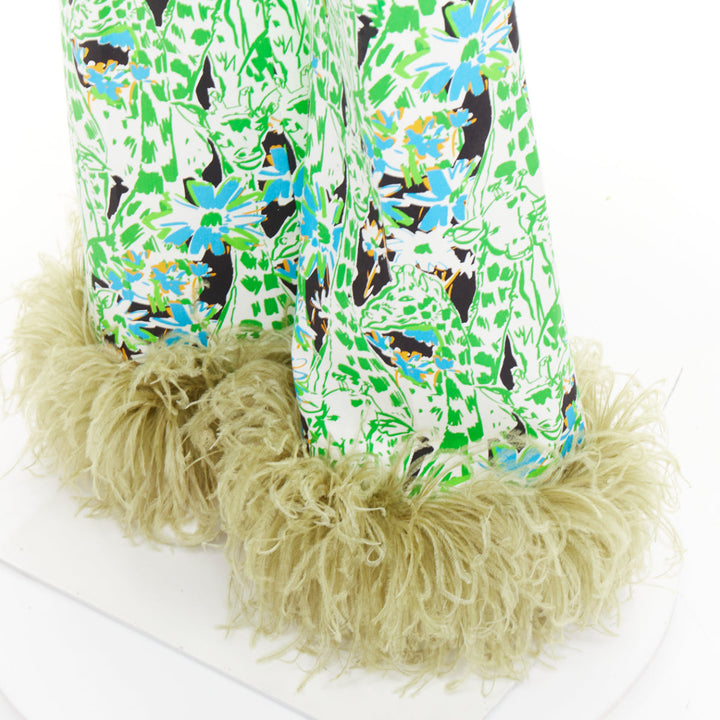 MIU MIU 2018 Runway green multi giraffe print feather hem flared pants IT40 S