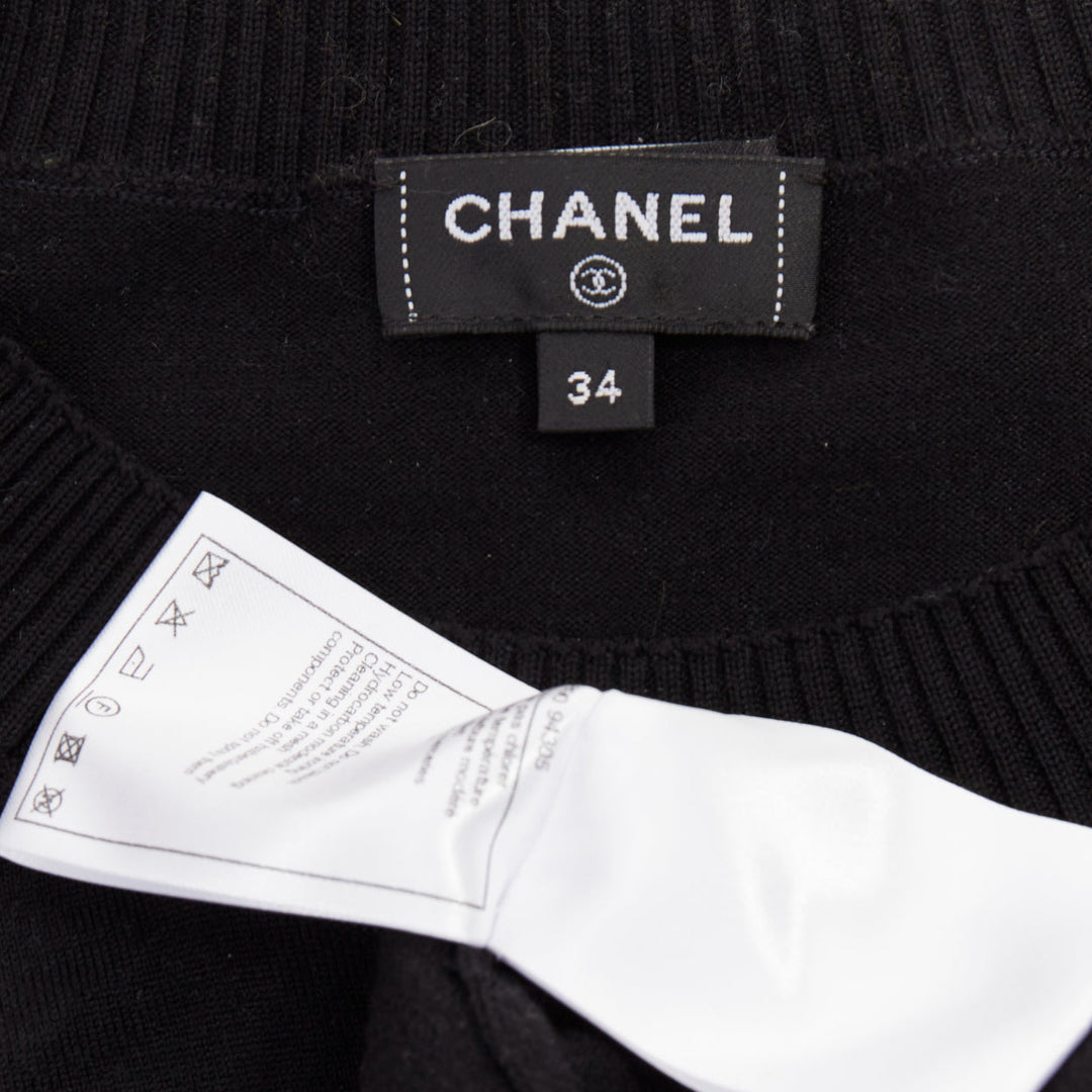 CHANEL 21A black wool sequin CC logo stripe sleeve crewneck pullover FR34 XS