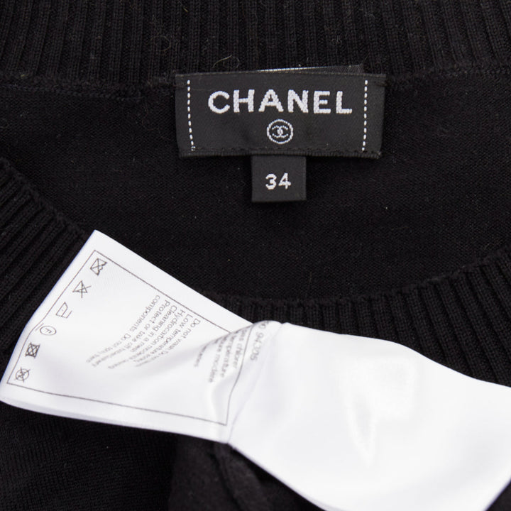 CHANEL 21A black wool sequin CC logo stripe sleeve crewneck pullover FR34 XS