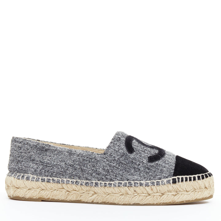CHANEL grey tweed velvet CC logo toe cap espadrille shoes EU38