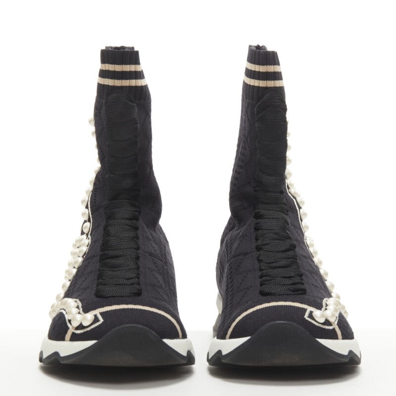 FENDI Rockoko black pearl embellished black sock knit high top sneaker EU36