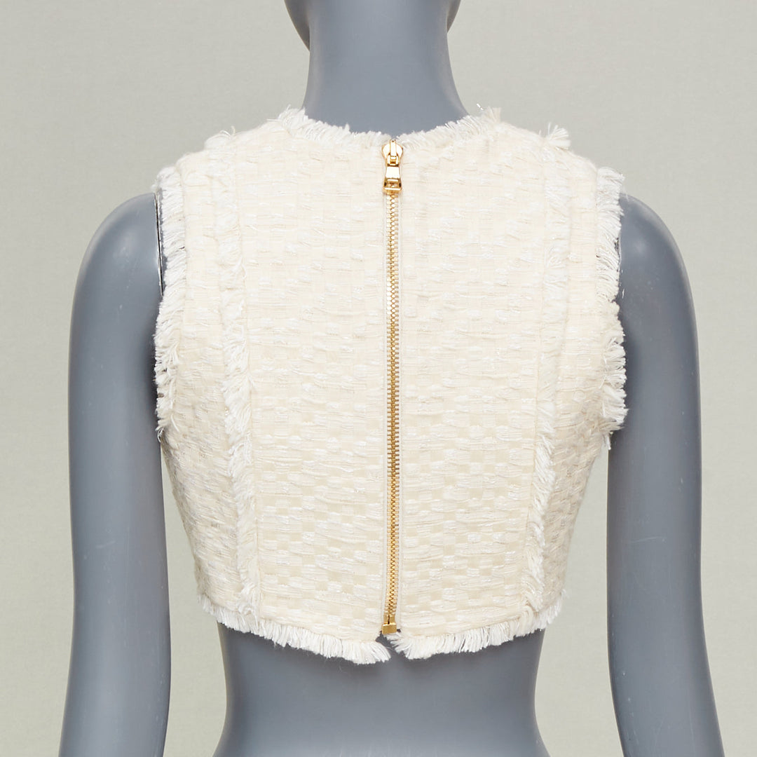 BALMAIN 2023 fringe tweed lion button sleeveless crop cropped gilet vest FR36 S
