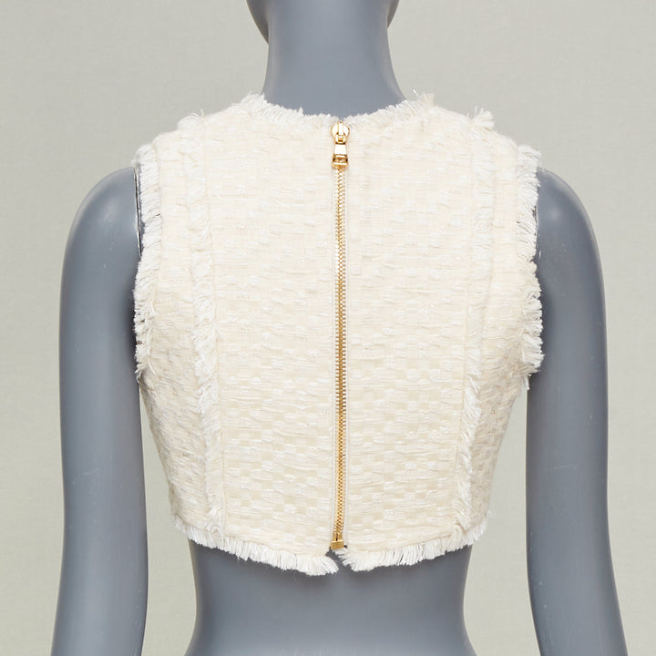 BALMAIN 2023 fringe tweed lion button sleeveless crop cropped gilet vest FR36 S
