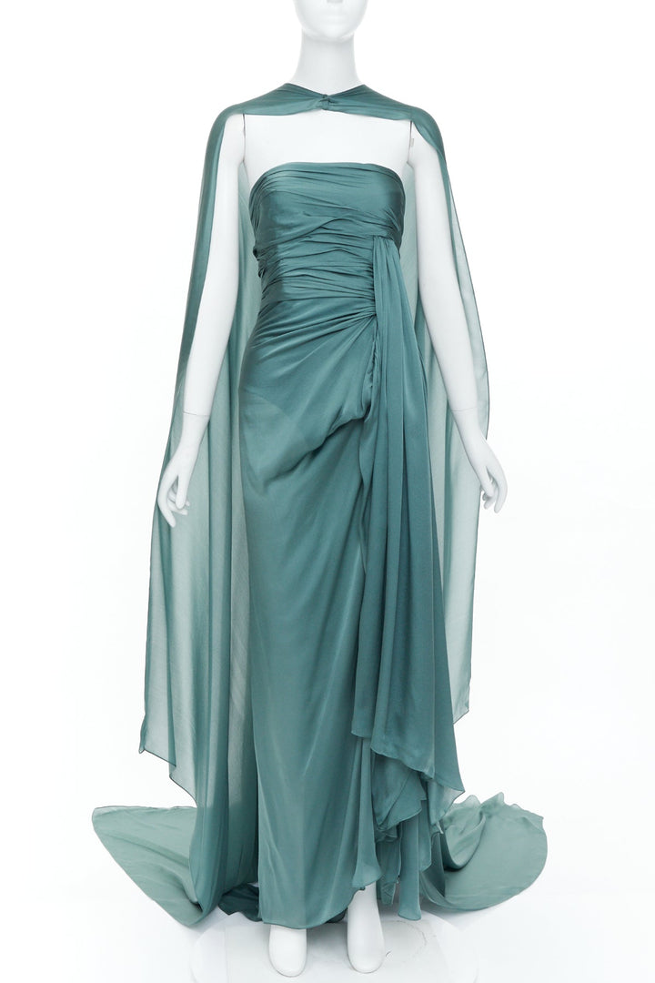 ALEXANDRE VAUTHIER COUTURE 2020 Runway petrol jewel green strapless cape gown