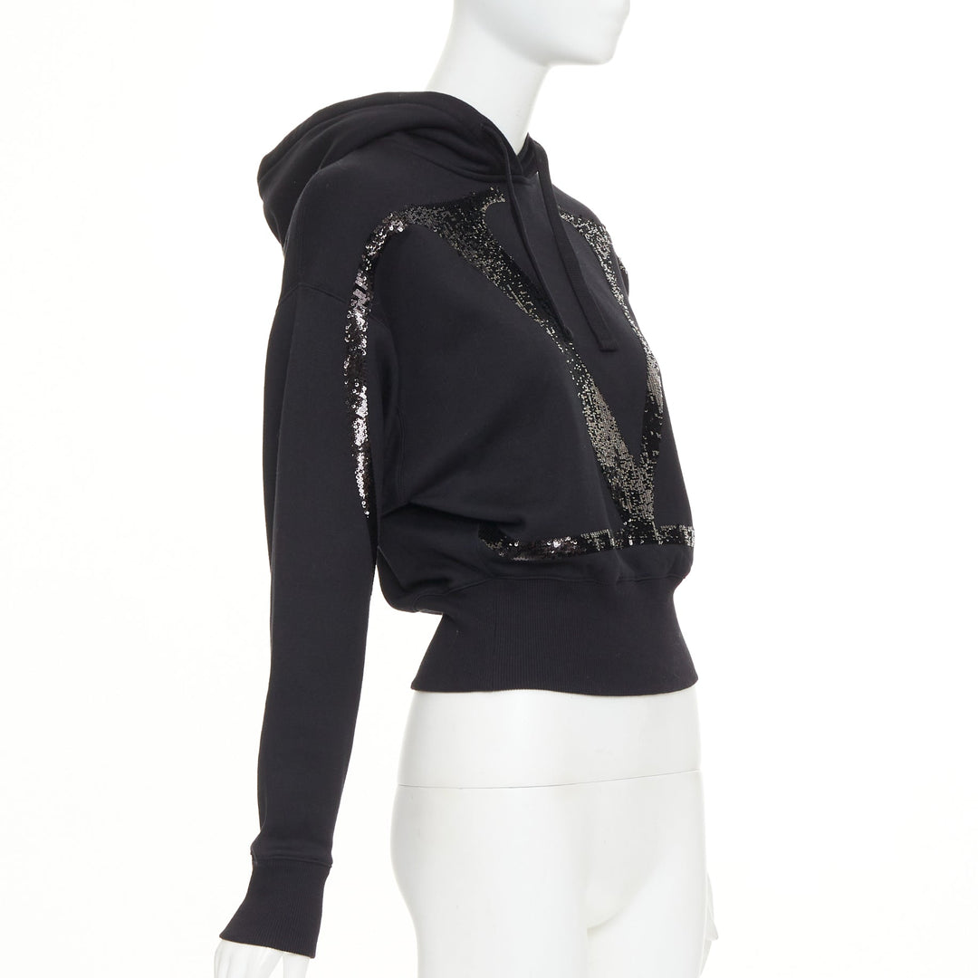 VALENTINO black cotton blend VLogo Signature sequin cropped hoodie XS
