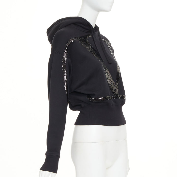 VALENTINO black cotton blend VLogo Signature sequin cropped hoodie XS