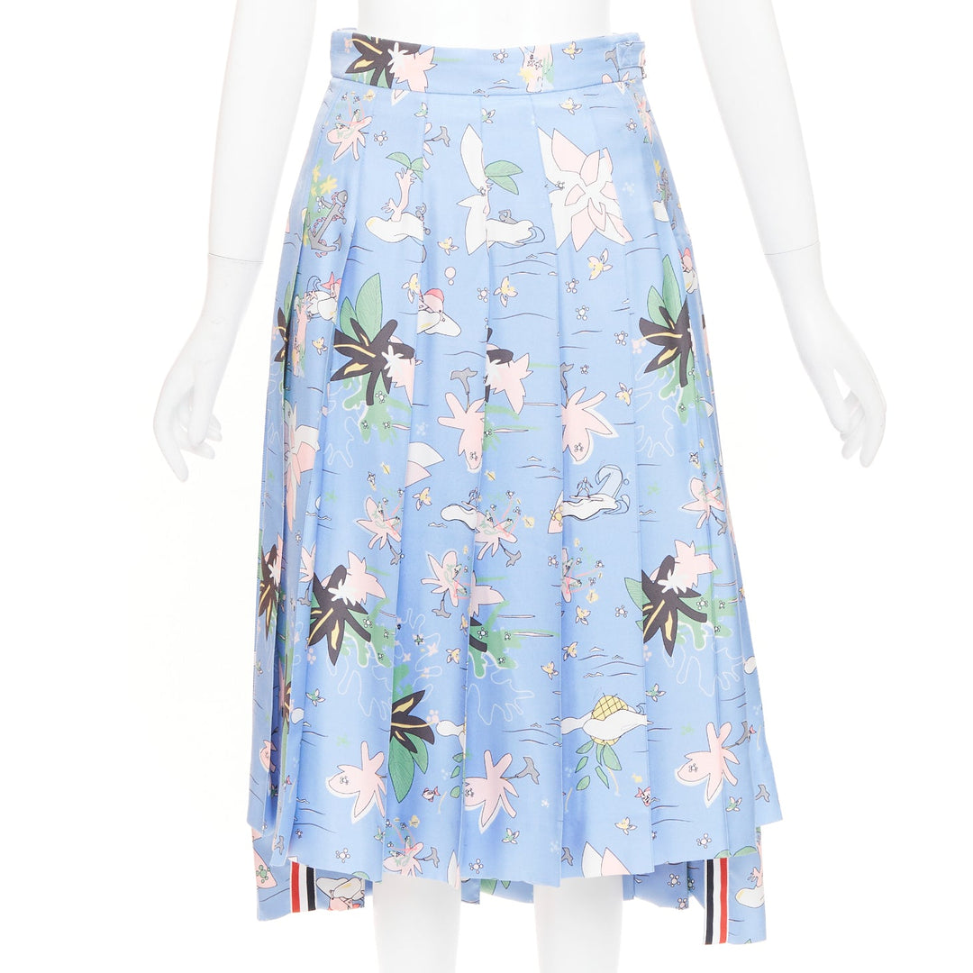 THOM BROWNE blue cartoon beach island pleated side slit raw silk skirt IT38 XS