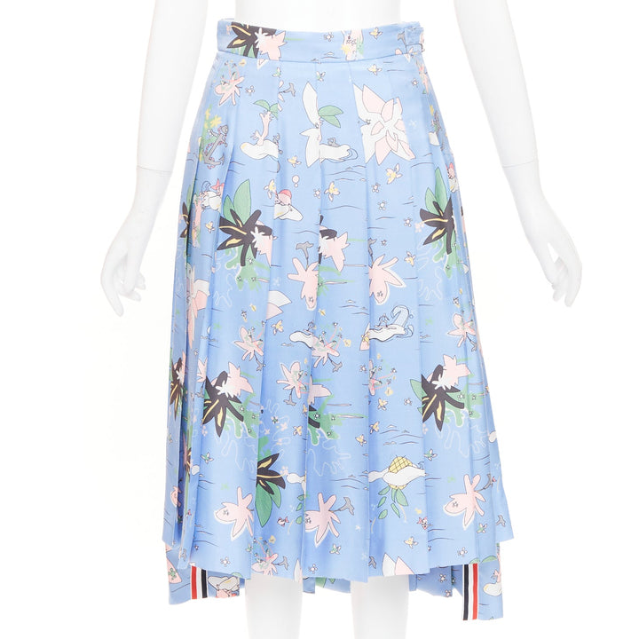 THOM BROWNE blue cartoon beach island pleated side slit raw silk skirt IT38 XS