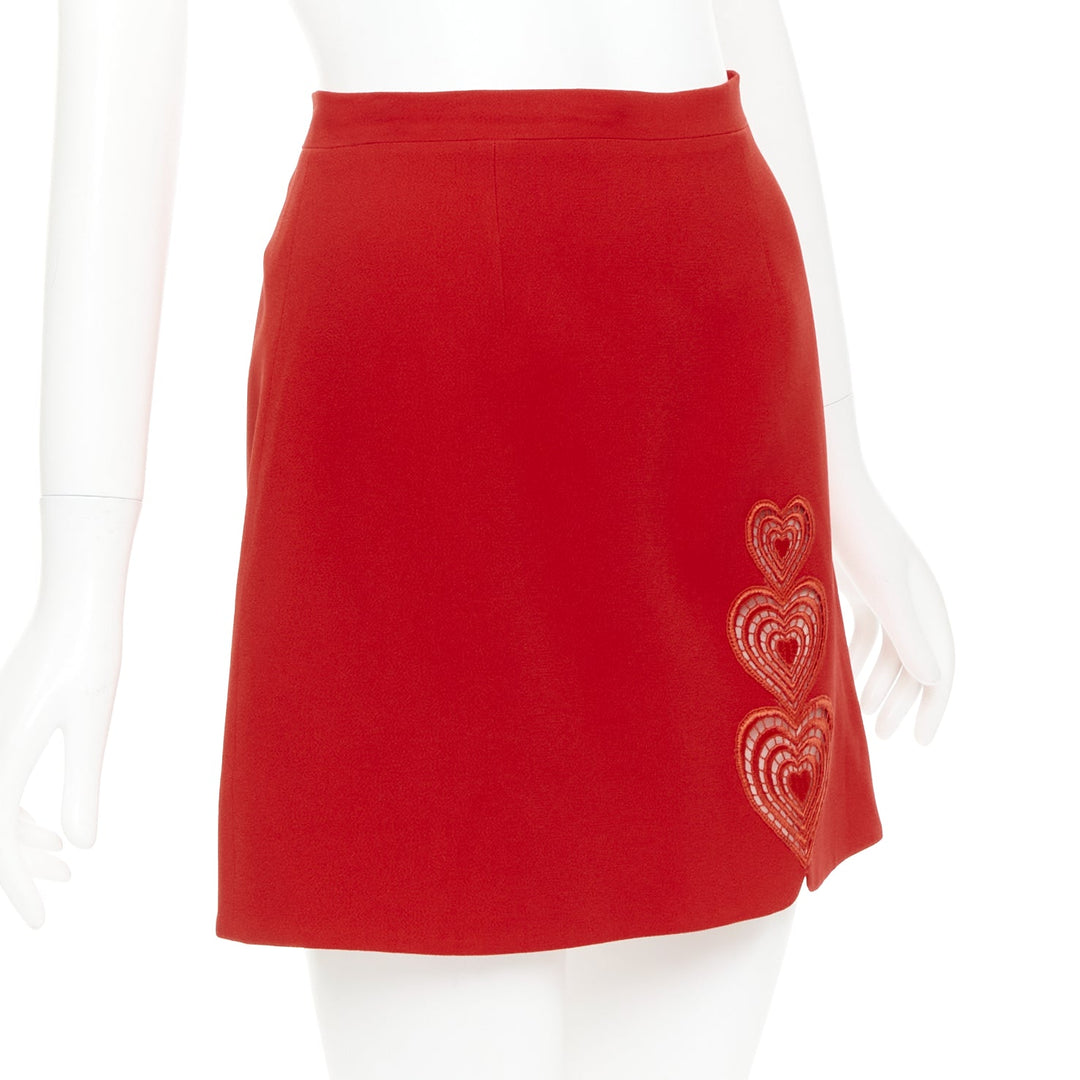 CHRISTOPHER KANE red heart embroidered cut out side A-line skirt UK8 S