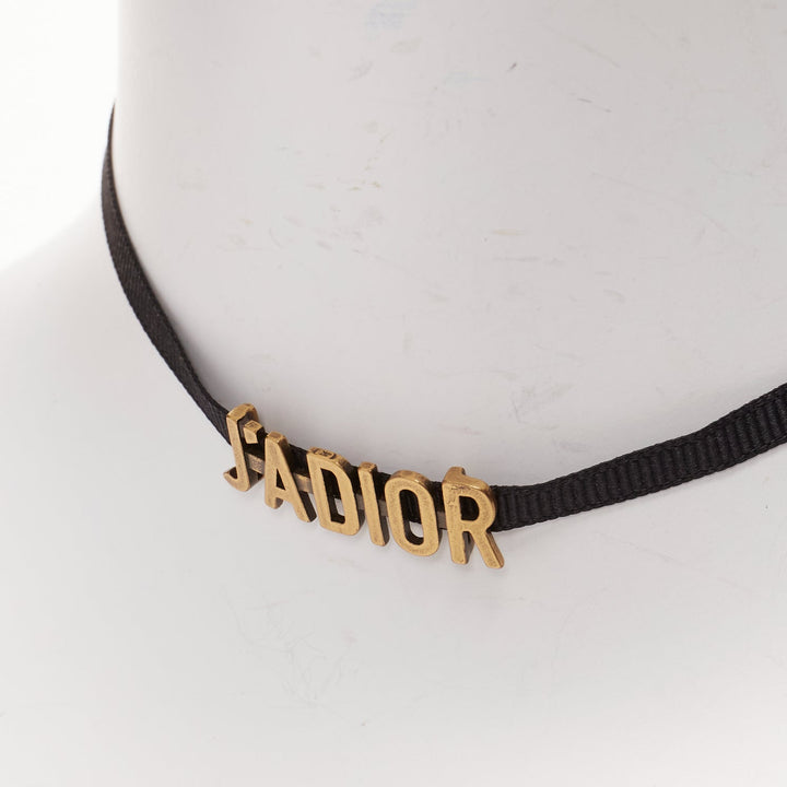 DIOR J'adior antique gold logo plate black ribbon CD charm choker necklace